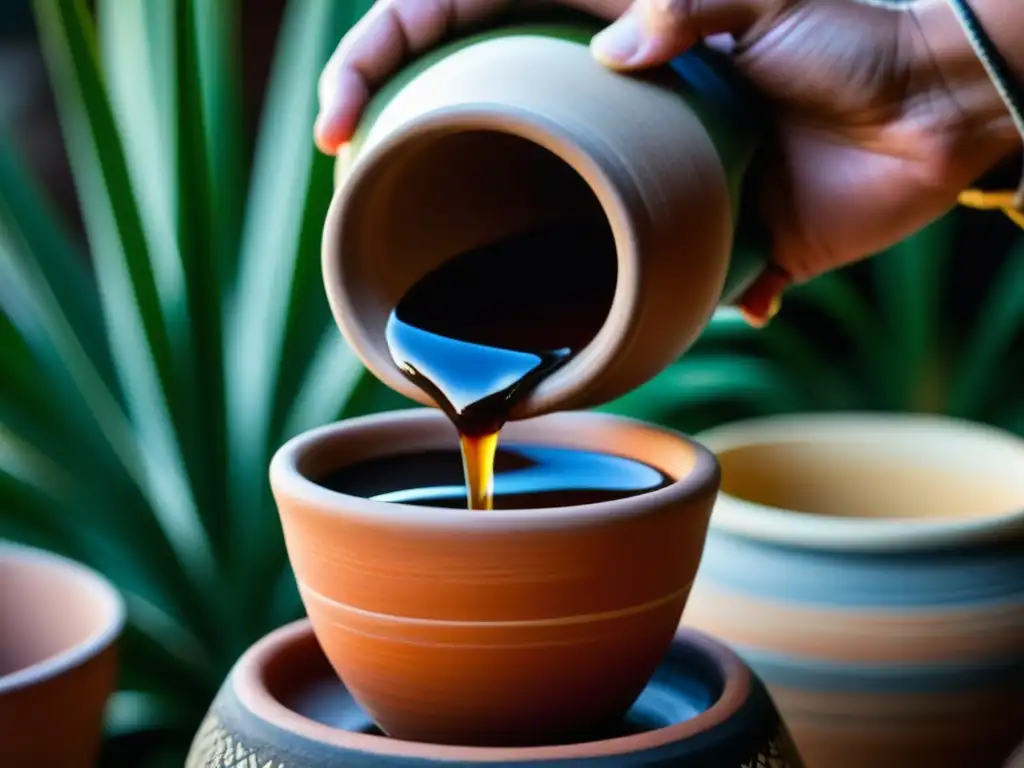 Detalle de vaso de barro con pulque mexicano, bebida ancestral de la cultura azteca, mostrando su textura espesa y cremosa