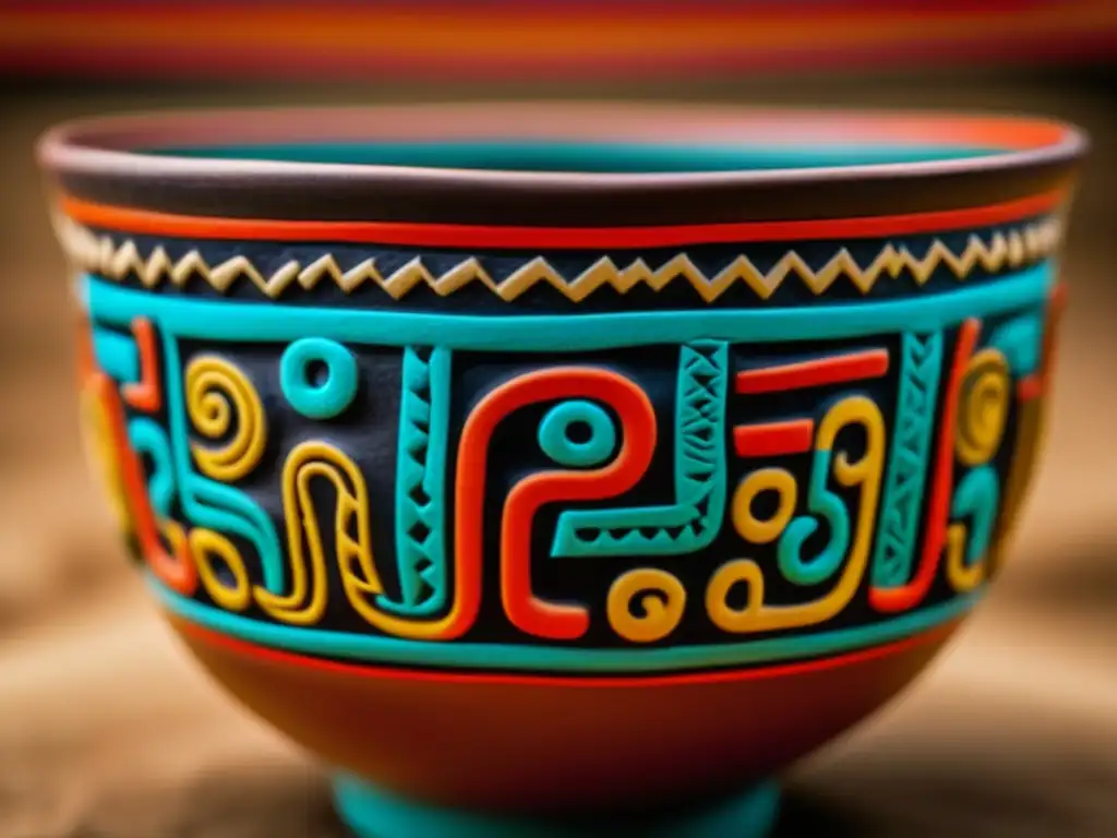 Detalle de vaso ceremonial precolombino, muestra la importancia cultural de las bebidas ancestrales con símbolos y colores vibrantes en arcilla