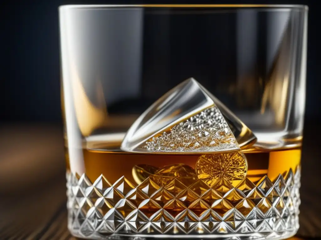 Detalle del vaso de whisky de cristal con whisky ámbar, reflejando la influencia británica en bebidas asiáticas