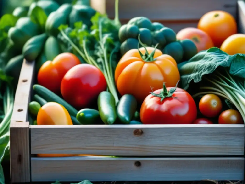 Detalle de vegetales orgánicos en cajón rústico en mercado local