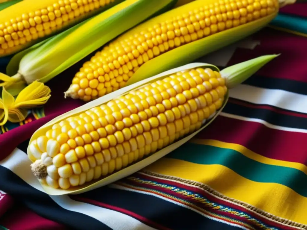 Detalle vibrante del maíz amarillo sobre textiles mexicanos, resaltando la importancia del maíz en la alimentación y la Revolución Mexicana