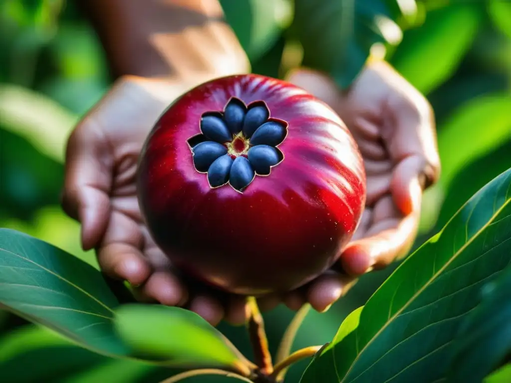 Detalle vibrante de una baya de acai rojo en la selva amazónica, resaltando su textura y color, ideal para ingredientes afrodisíacos cocina amazónica