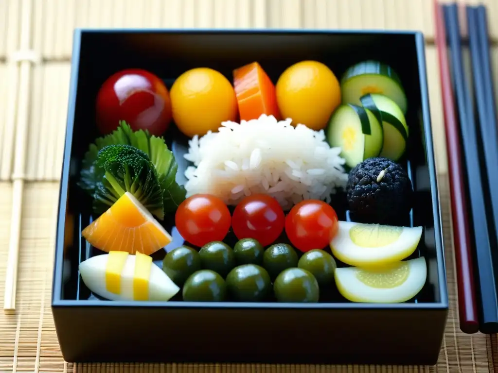 Detalle vibrante de un bento japonés con la dieta guerrera era samurái: arroz, verduras encurtidas, pescado grillado y frutas