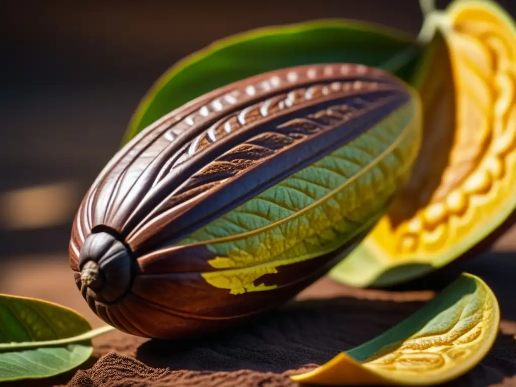 Diseño detallado: cacao recién cosechado bajo la luz Detalle vibrante de un cacao recién cosechado bajo la luz del sol, resaltando la historia cacao cultura mesoamericana
