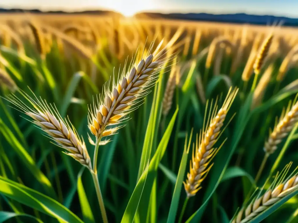 Detalle vibrante de un campo de trigo maduro al sol, mostrando la importancia del cultivo de cereales en prácticas sostenibles