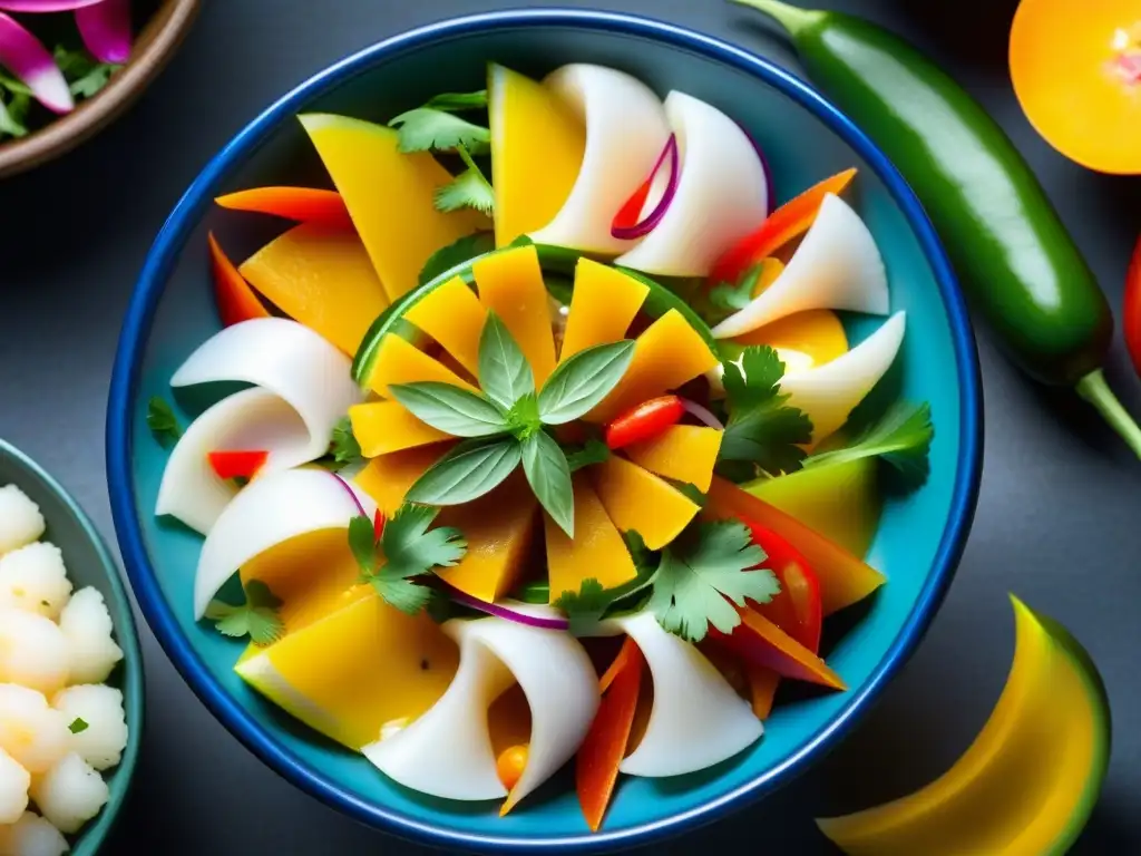 Sabores vibrantes: ceviche peruano con influencias okinawenses Detalle vibrante de ceviche peruano en bol tradicional, fusionando influencias gastronomía peruana inmigración okinawense
