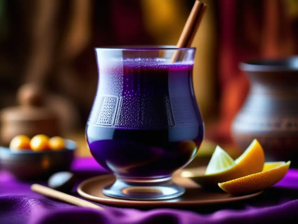 Detalle de una vibrante chicha morada Inca, bebida tradicional de maíz morado con influencia de deidades