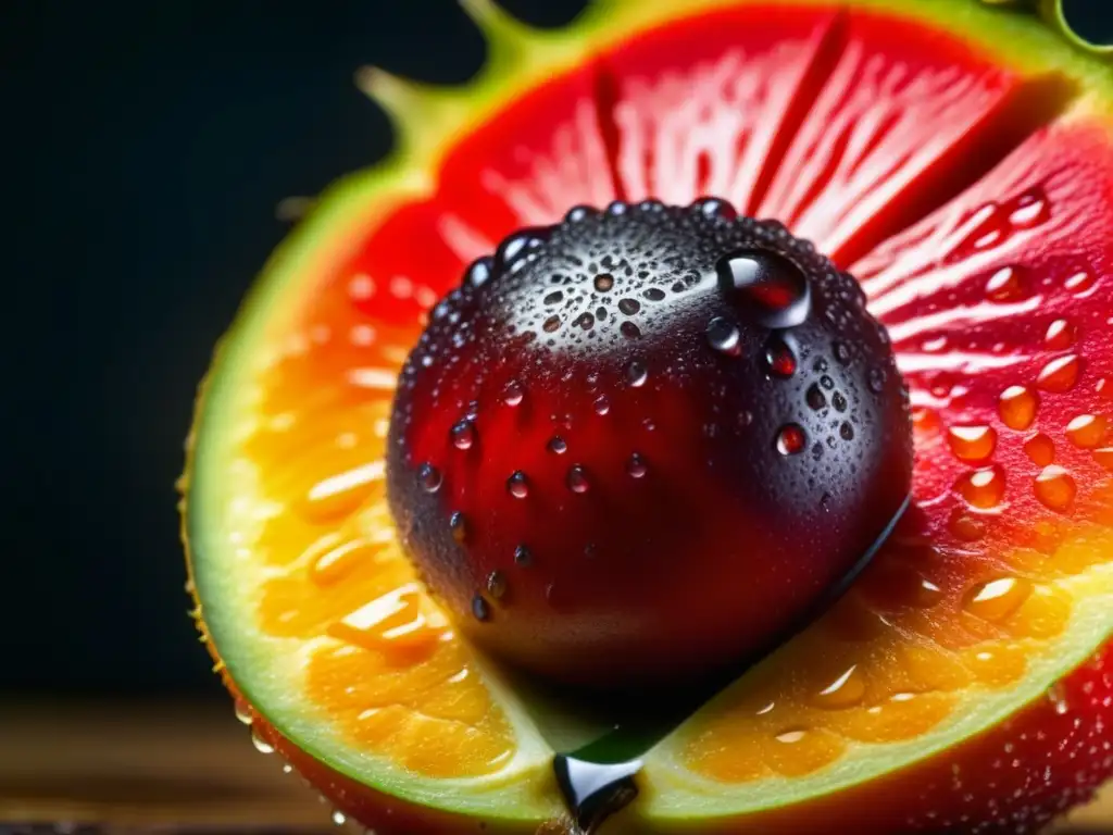 Detalle vibrante de un chontaduro con gotas de agua, resaltando la belleza de este super alimento amazónico en su piel texturizada bajo luz natural