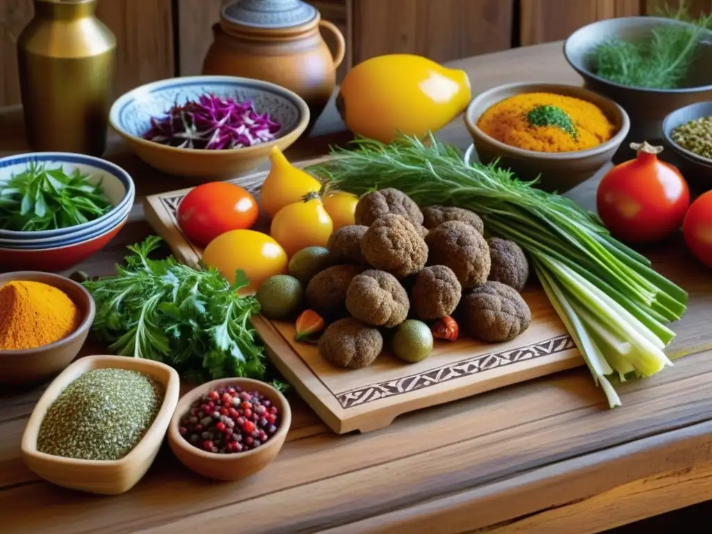 Detalle vibrante de cocina saheliana con influencia árabe: especias, hierbas frescas, carne y verduras coloridas en mesa rústica