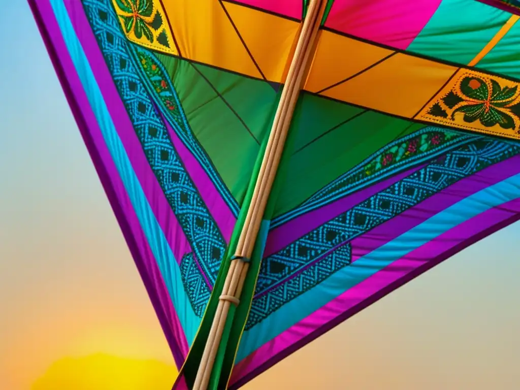 Detalle vibrante de una cometa tradicional de Sankranti, reflejando la luz solar