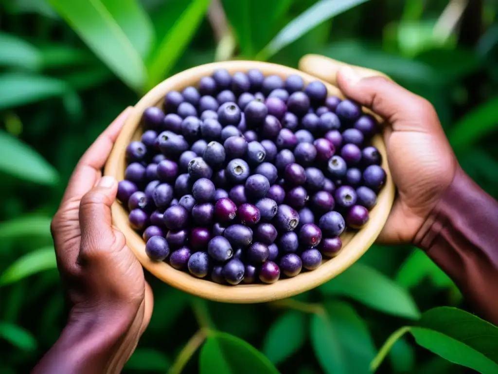 Detalle vibrante de la cosecha de una baya açaí por manos indígenas en la exuberante selva amazónica, historia açaí superalimento culturas