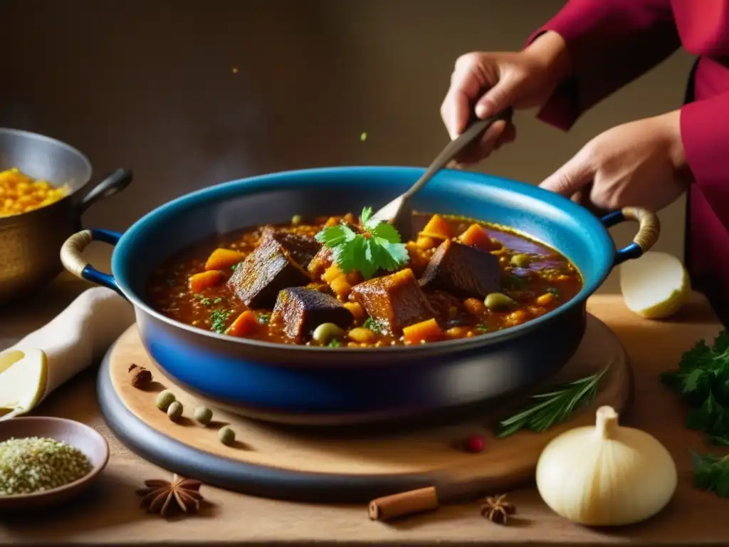 Detalle vibrante de especias sobre olla de guiso saheliano, resaltando arte culinario