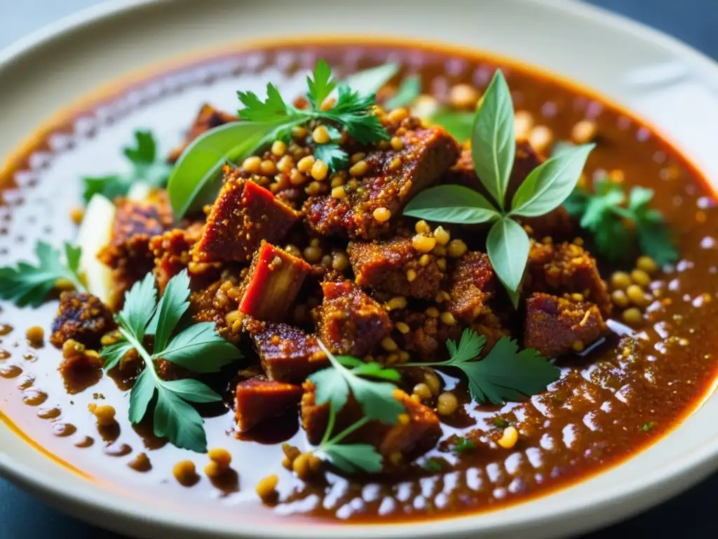 Detalle vibrante de especias rojas armenias sobre guiso de harissa, fusionando historia y cocina