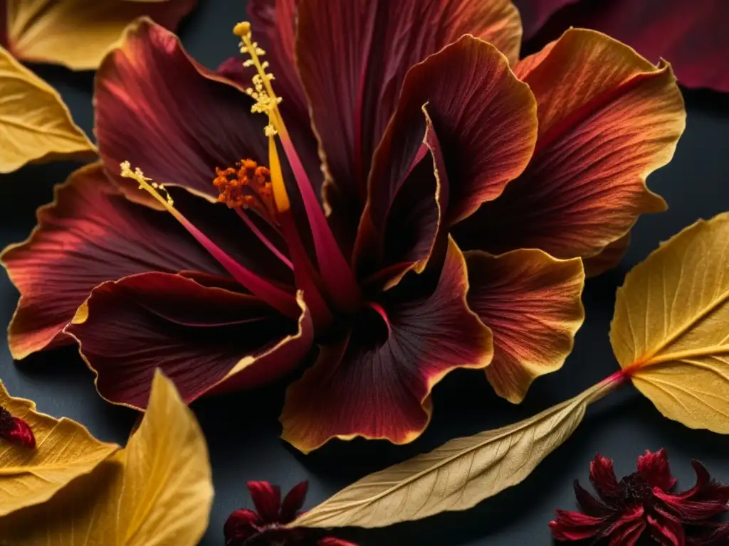 Detalle vibrante de Flor de Jamaica, resaltando patrones e intensos colores en los pétalos secos