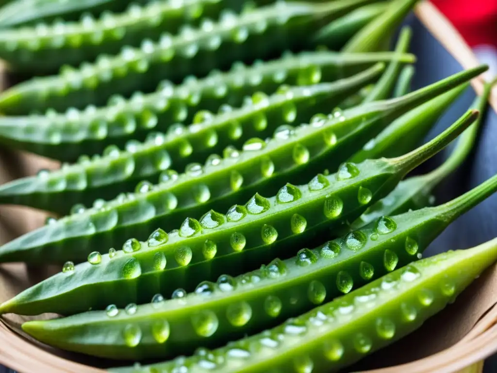 Detalle vibrante de okra fresca bajo el sol caribeño en un mercado bullicioso