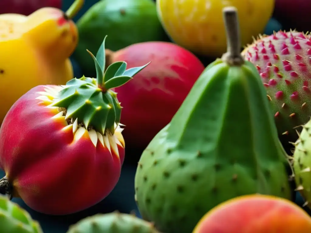 Detalle vibrante de frutas prehispánicas: tunas, zapotes y mamey, resaltando texturas y colores