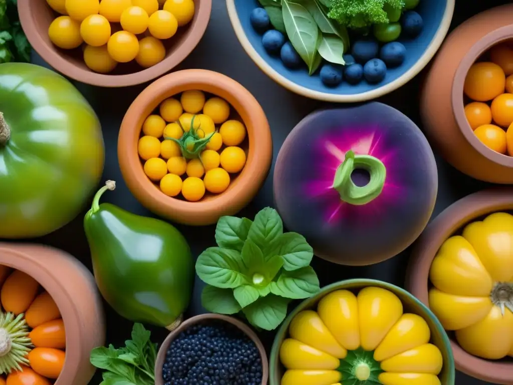 Detalle vibrante de frutas y verduras en fermentación en ollas de barro, técnicas de conservación de alimentos históricas