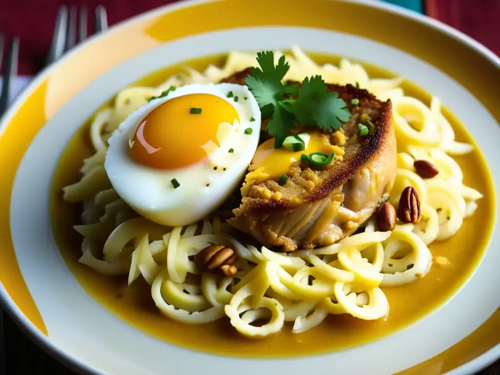 Detalle vibrante del Aji de Gallina, plato peruano que fusiona sabores españoles e indígenas