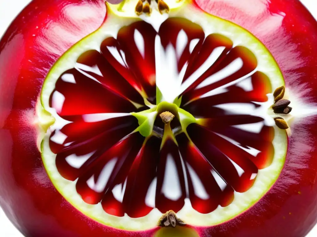 Detalle vibrante de una granada madura, símbolo de prosperidad y superfood antioxidante, con arilos rojos brillantes