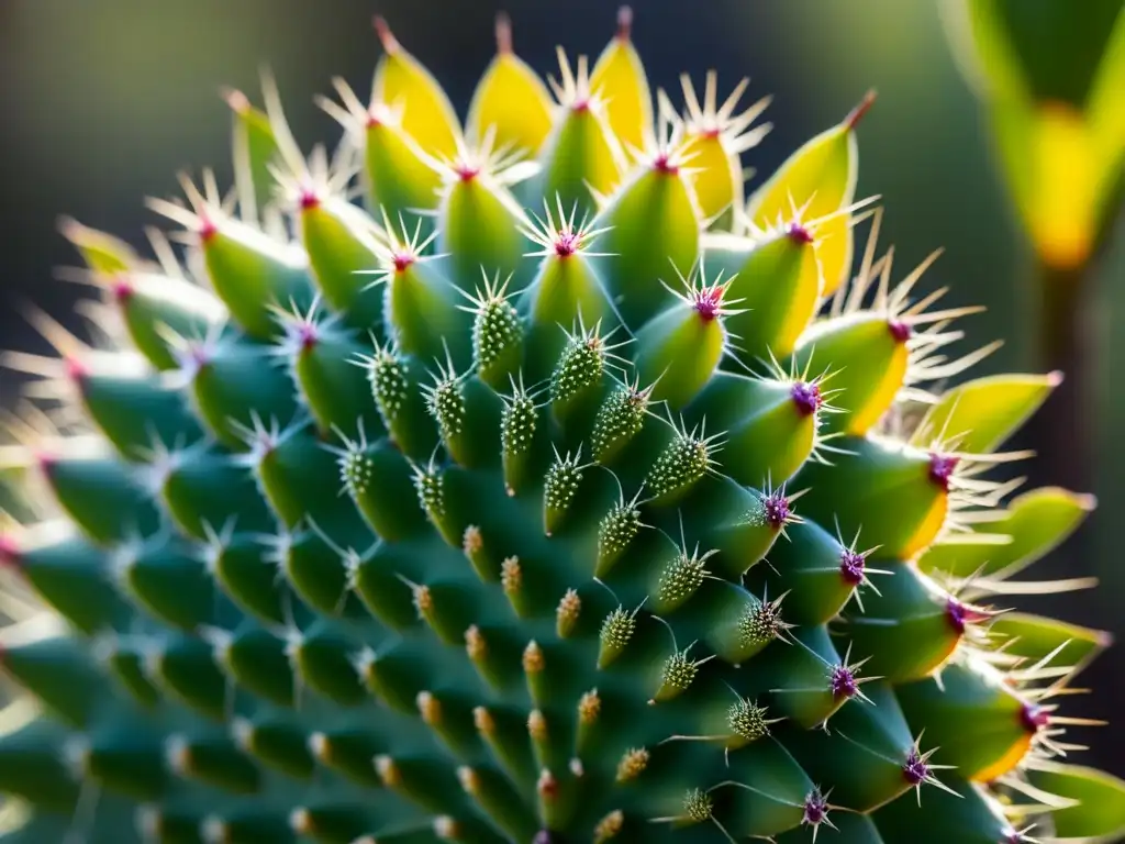 Detalle vibrante de una hoja de Opuntia cubierta de gloquidios con la luz del sol resaltando sus patrones y texturas