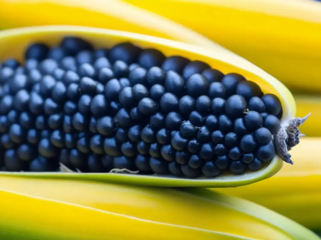 Detalle vibrante del hongo huitlacoche en maíz, caviar azteca resurgimiento culinario