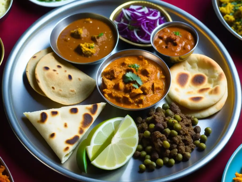 Detalle vibrante del impacto culinario Raj Británico Sur Asia en un thali tradicional indio