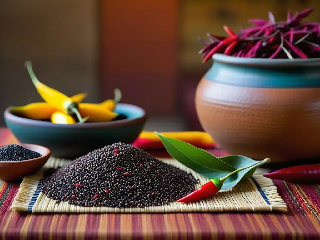 Detalle vibrante de ingredientes olvidados cocina prehispánica en mat de junco, junto a ollas de barro antiguas