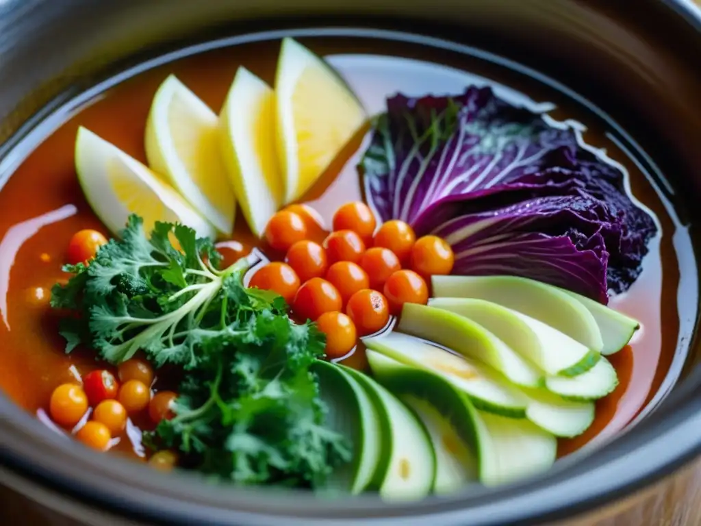 Detalle vibrante de kimchi fermentando en un cántaro de cerámica, ideal para principiantes en fermentación en casa