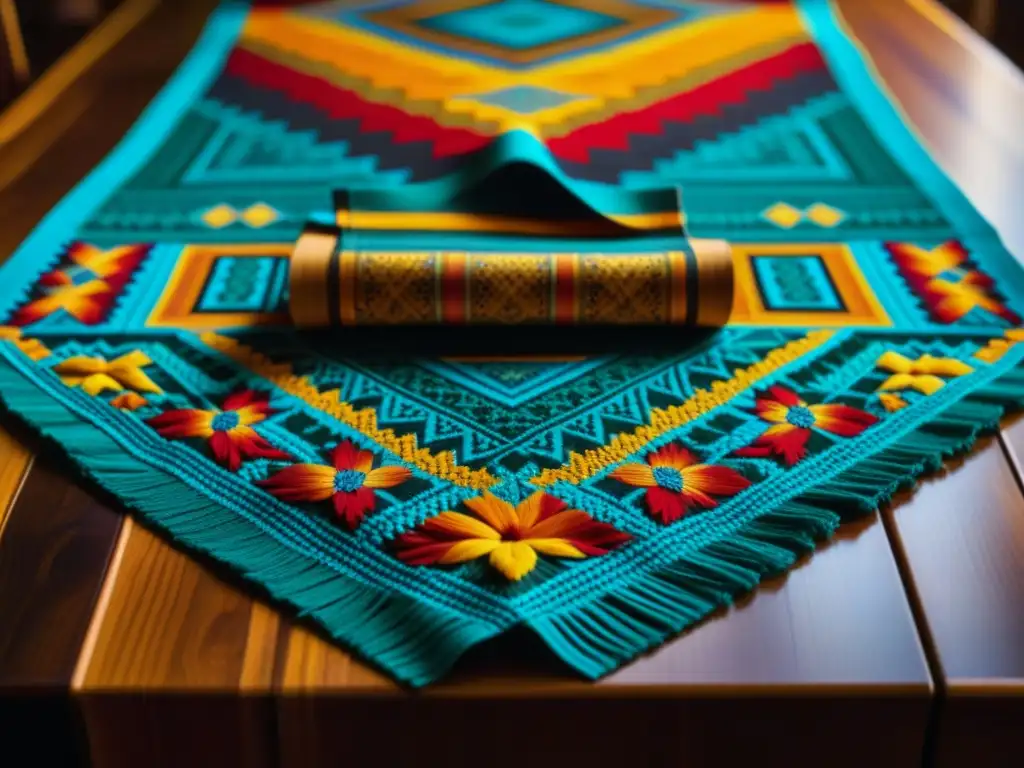 Detalle vibrante de un mantel ceremonial en mesa de madera, resaltando la importancia de la comida en ritos del Pacífico