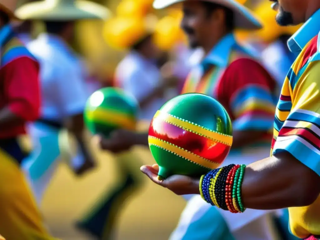 Detalle vibrante de maracas en Carnaval de Barranquilla, mostrando cultura y celebración histórica