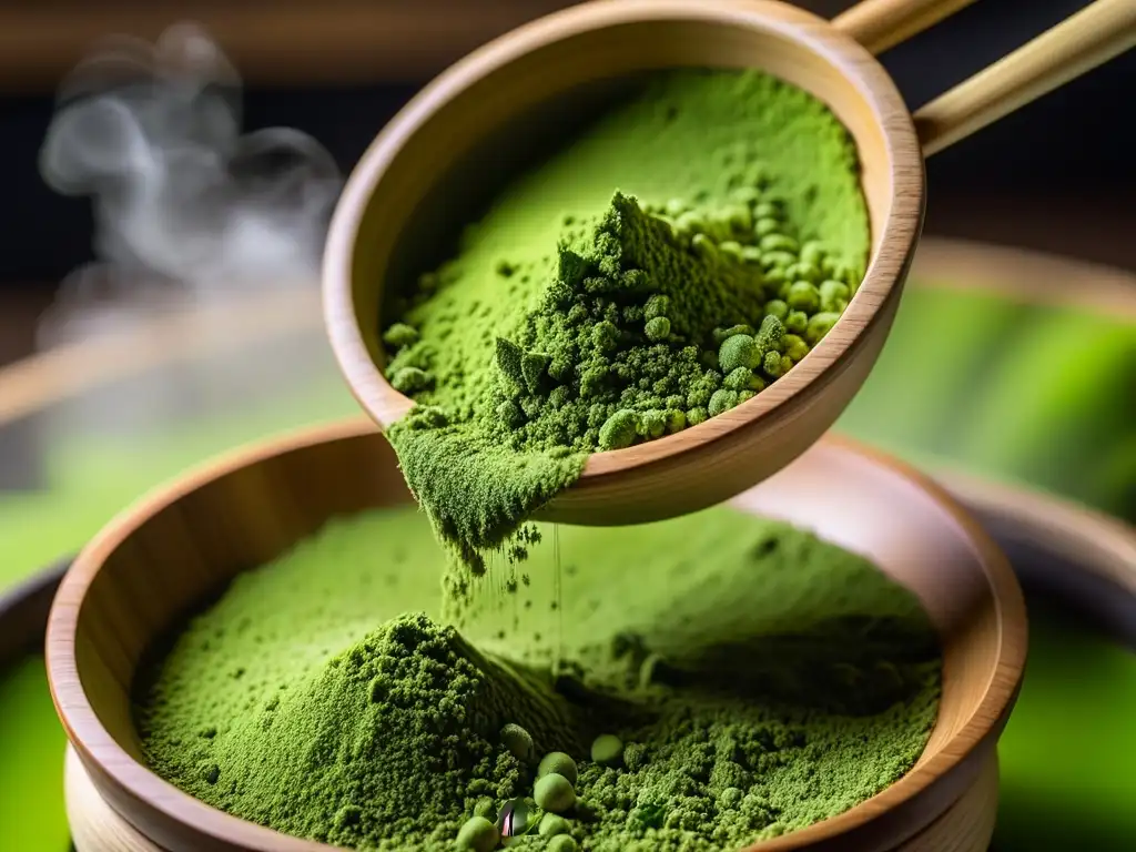 Detalle vibrante de matcha verde siendo tamizado en un cedazo de bambú, resaltando sus beneficios en nutrición