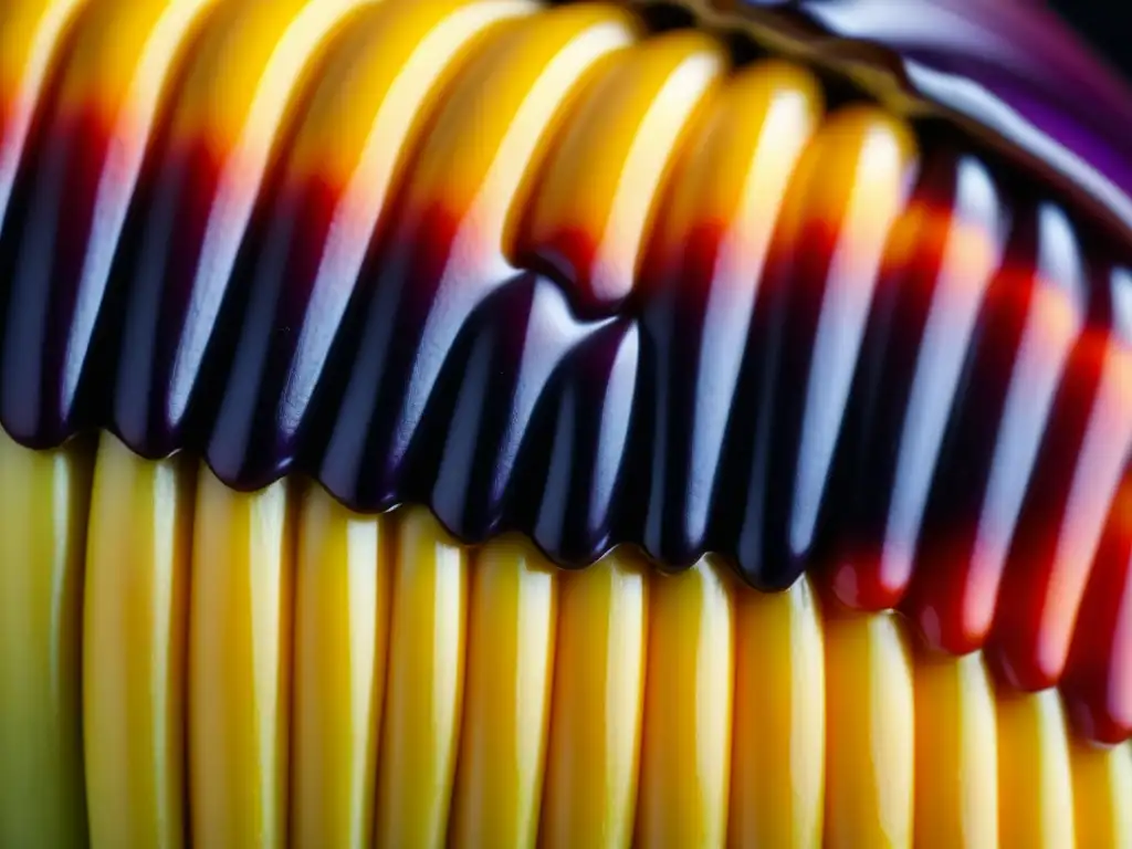 Detalle vibrante de una mazorca de maíz ancestral en tonos púrpura, amarillo y rojo