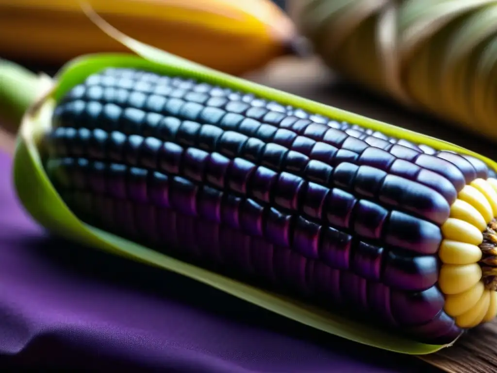 Detalle vibrante de una mazorca morada peruana, resaltando sus granos e intrincada textura bajo suave luz natural