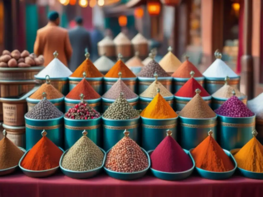 Detalle vibrante de mercado de especias marroquíes, resaltando colores y texturas históricas