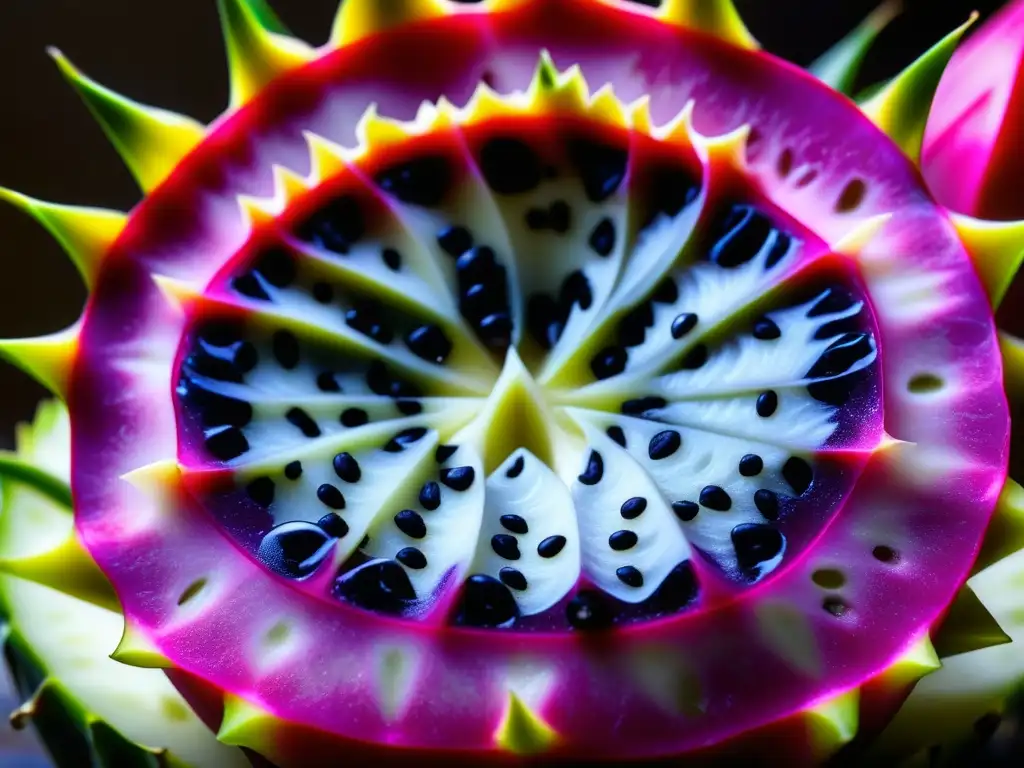 Detalle vibrante de pitahaya morada cortada, con pulpa blanca y semillas negras