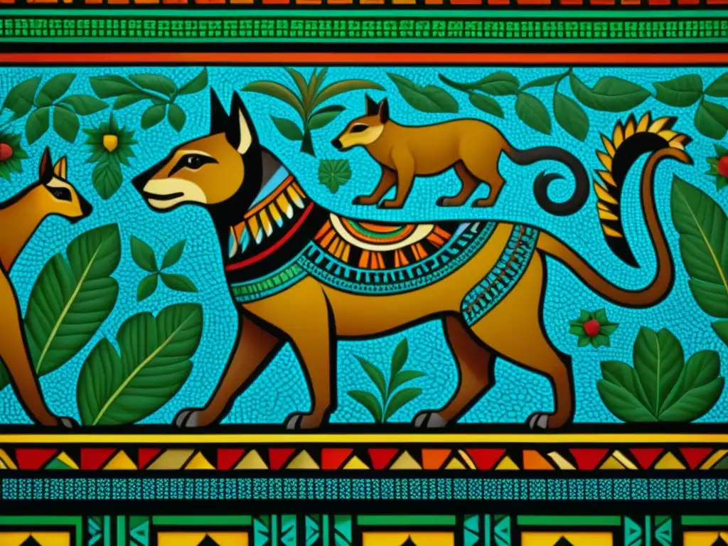 Detalle vibrante de un mosaico azteca con animales exóticos como axolotes y tlacuaches, reflejando la dieta azteca