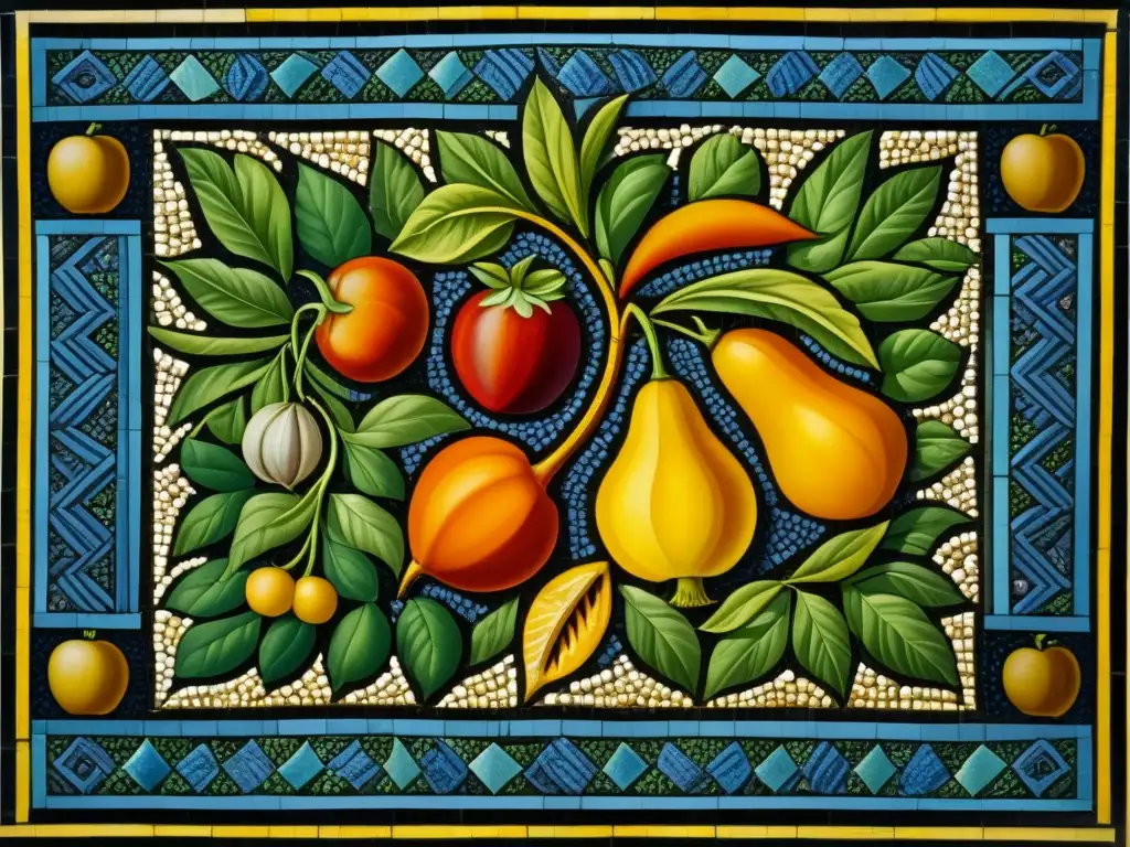 Detalle vibrante de mosaico romano con frutas y verduras, reflejando la conexión con la naturaleza