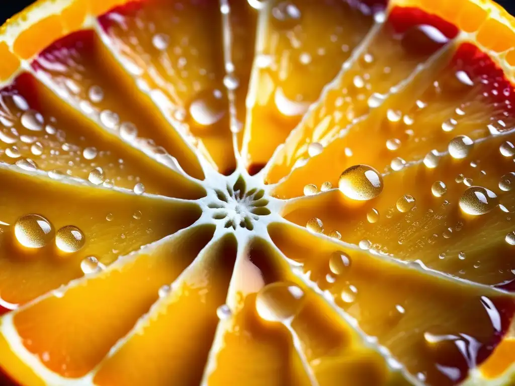 Detalle vibrante de una naranja recién cortada con jugosas gotas, iluminada por la luz natural