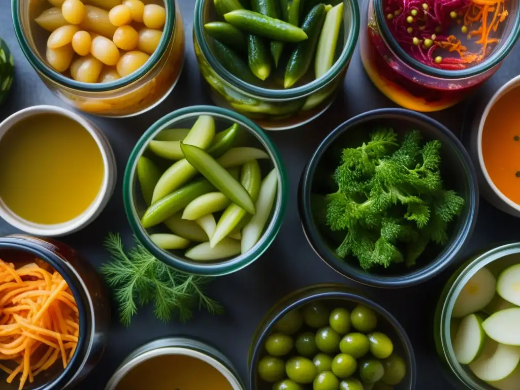 Detalle vibrante de pickles y kimchi en fermentación, reflejando tradición conservación fermento culturas históricas