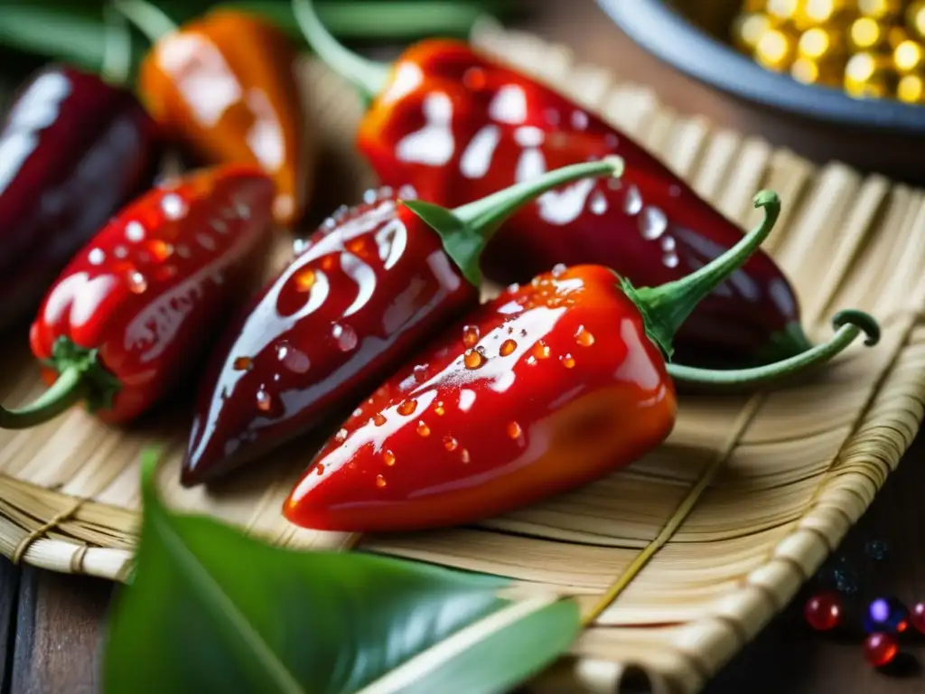 Detalle vibrante de pimientos piri piri rojos, con gotas de agua, junto a recipientes africanos de especias