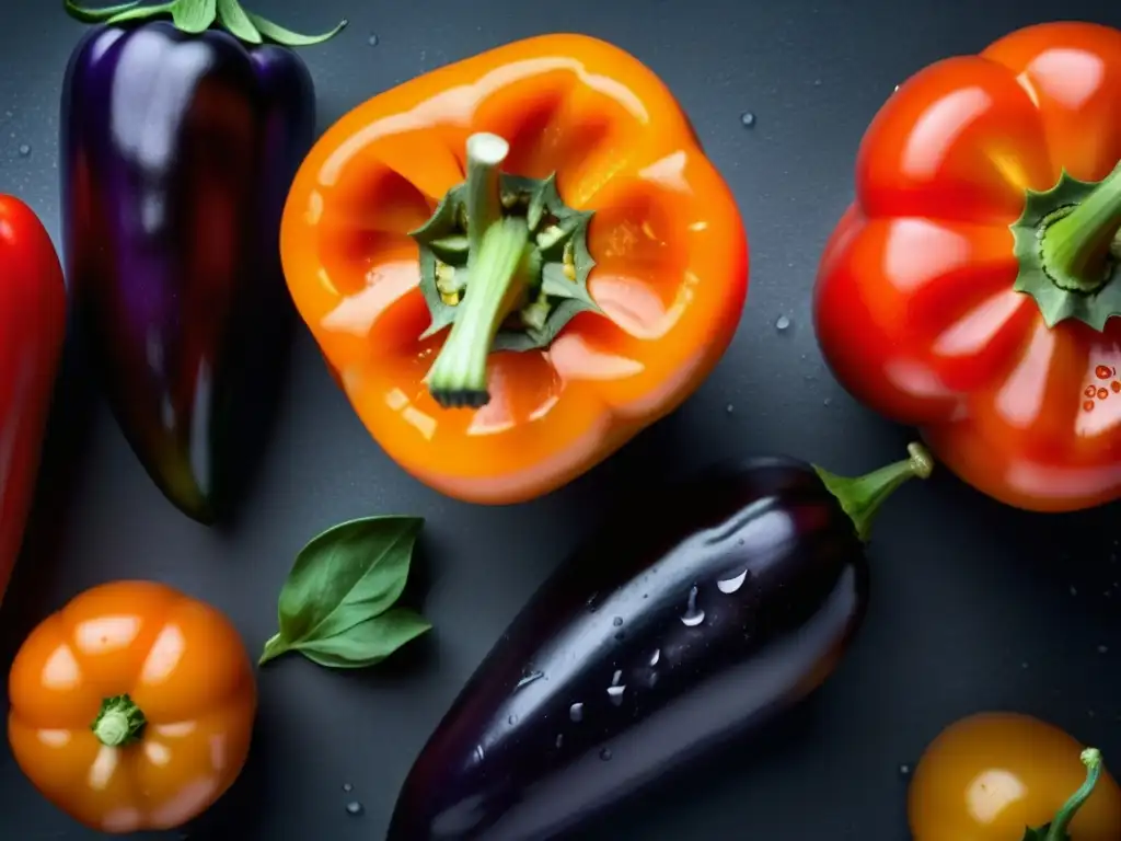 Detalle vibrante de pimientos rojos, tomates y berenjenas frescas con gotas de agua, para resaltar el origen y evolución del Ajvar