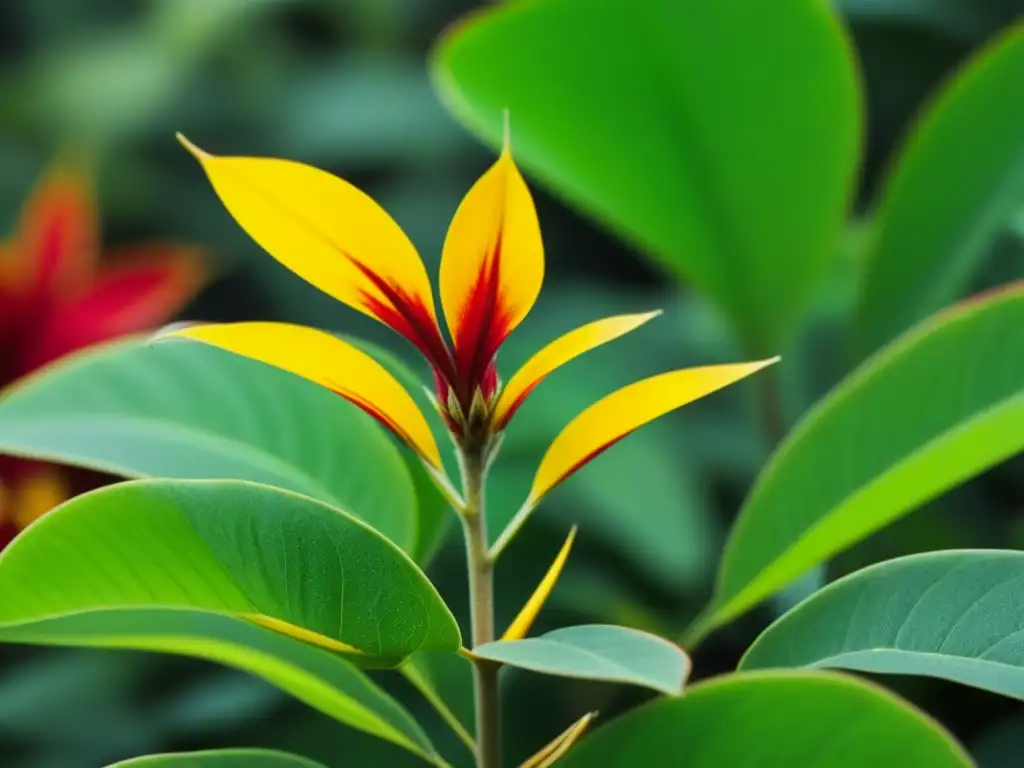 Detalle vibrante de la planta kiwicha roja y amarilla, destacando sus patrones y texturas con hojas verdes