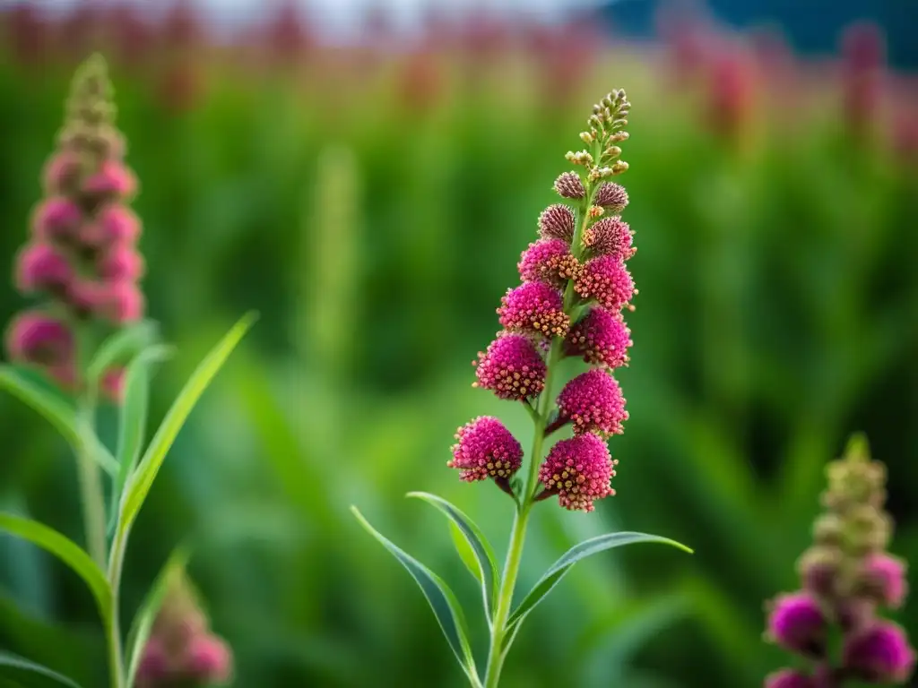 Detalles vibrantes de quinoa en flor: espirales y flores en full bloom Detalle vibrante de una planta de quinua andina en floración, mostrando sus semillas en espiral y hojas verdes exquisitas