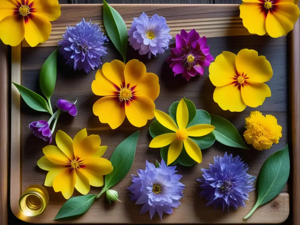 Detalle vibrante de plantas comestibles en cocina Abásida: pétalos delicados, colores vivos y formas únicas en tabla rústica de madera