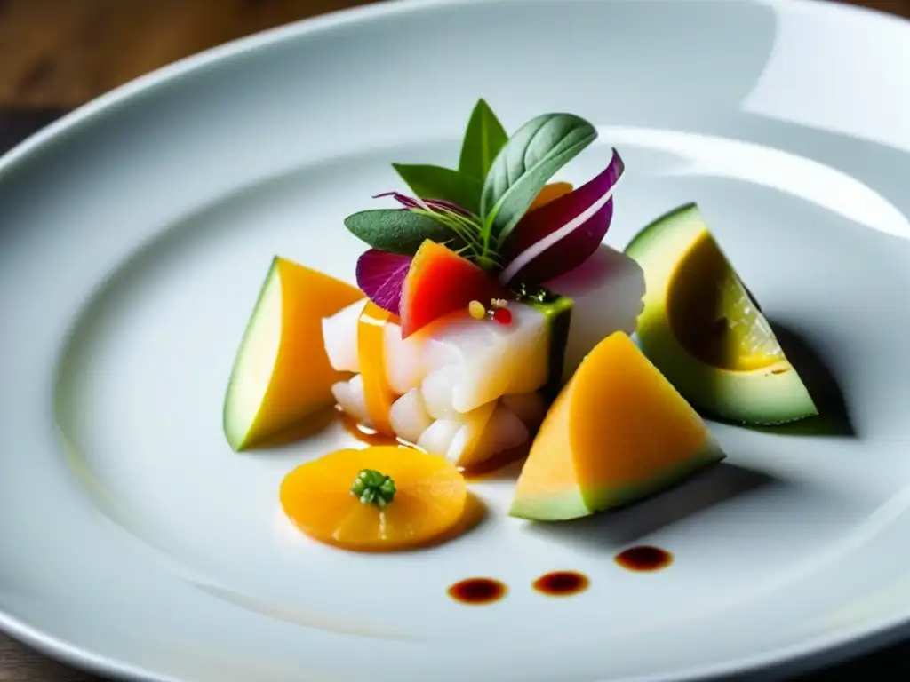 Detalle vibrante de ceviche nikkei contemporáneo en plato blanco