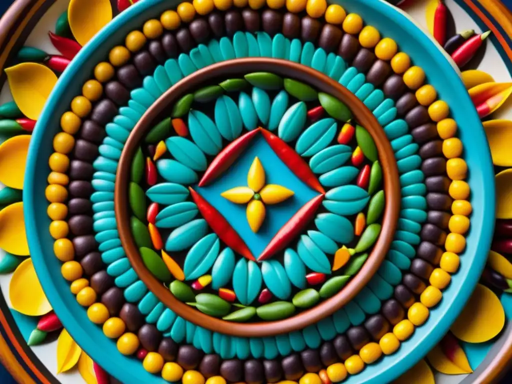 Detalle vibrante de un plato ceremonial azteca con maíz, frijoles, chiles y cacao en un diseño circular, celebraciones culinarias aztecas festivales