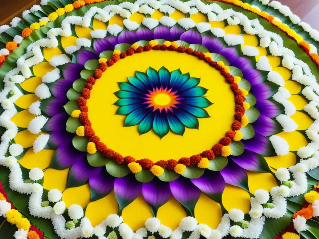 Detalle vibrante de un pookalam floral durante el festival Onam en Kerala, India, mostrando su arte y cultura