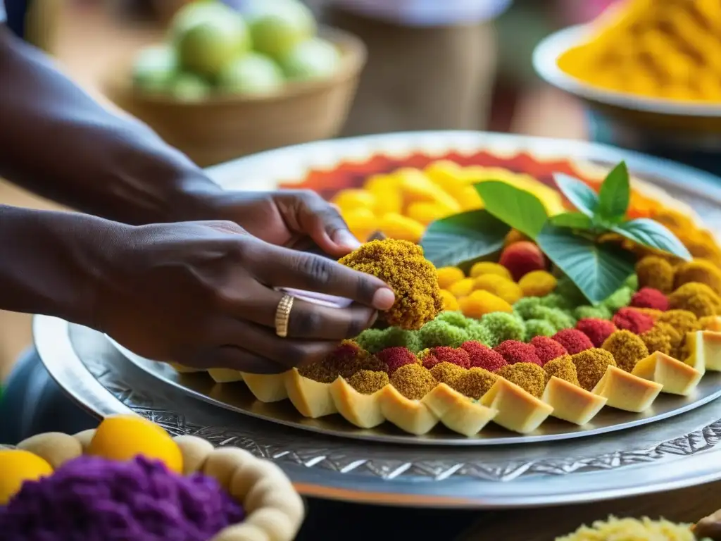 Detalle vibrante de postre africano-caribeño en mercado bullicioso