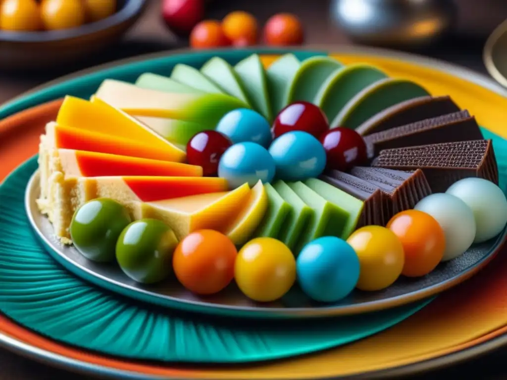 Delicias africanas: arte culinario vibrante y detallado Detalle vibrante de postres africanos recetas historia moderna en plato decorado con exquisitez y colores étnicos