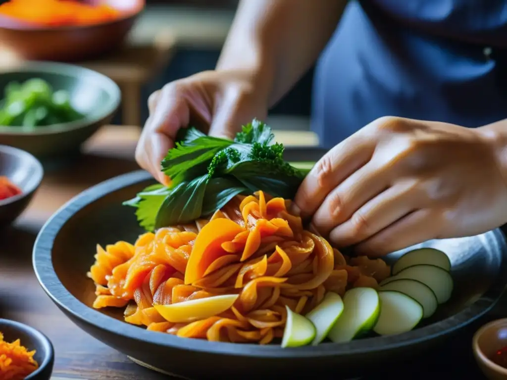 Detalle vibrante del proceso de preparación de kimchi en Corea del Sur, fusionando recetas históricas coreano-mexicanas